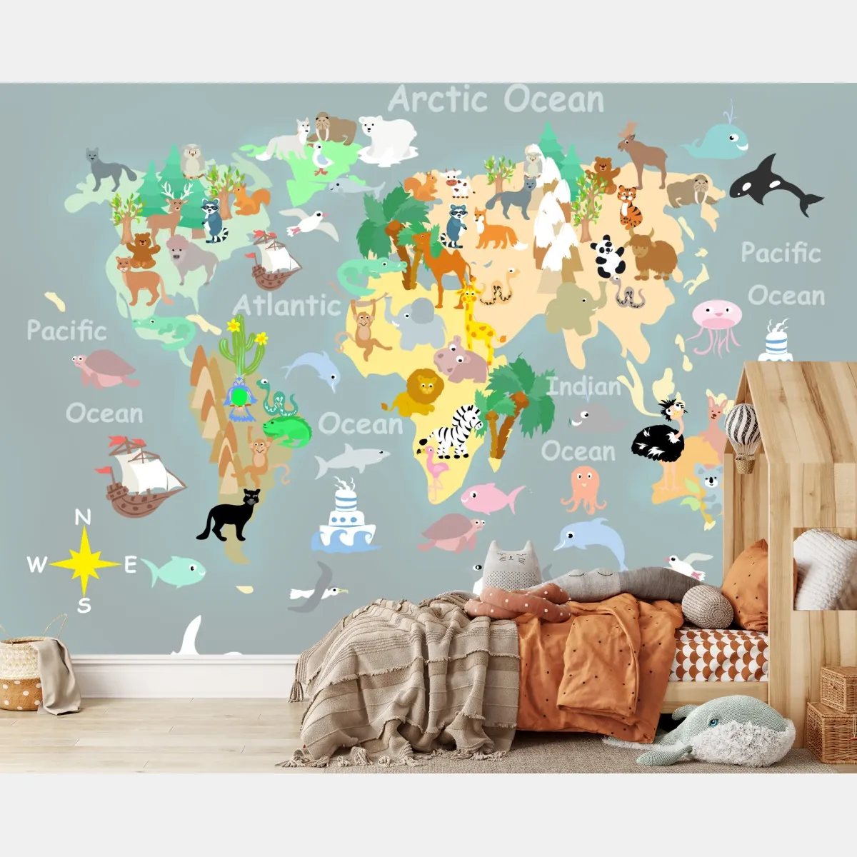 Fototapeta mapa świata ze zwierzętami – Wallissimo® Fototapeta mapa świata ze zwierzętami – Wallissimo®