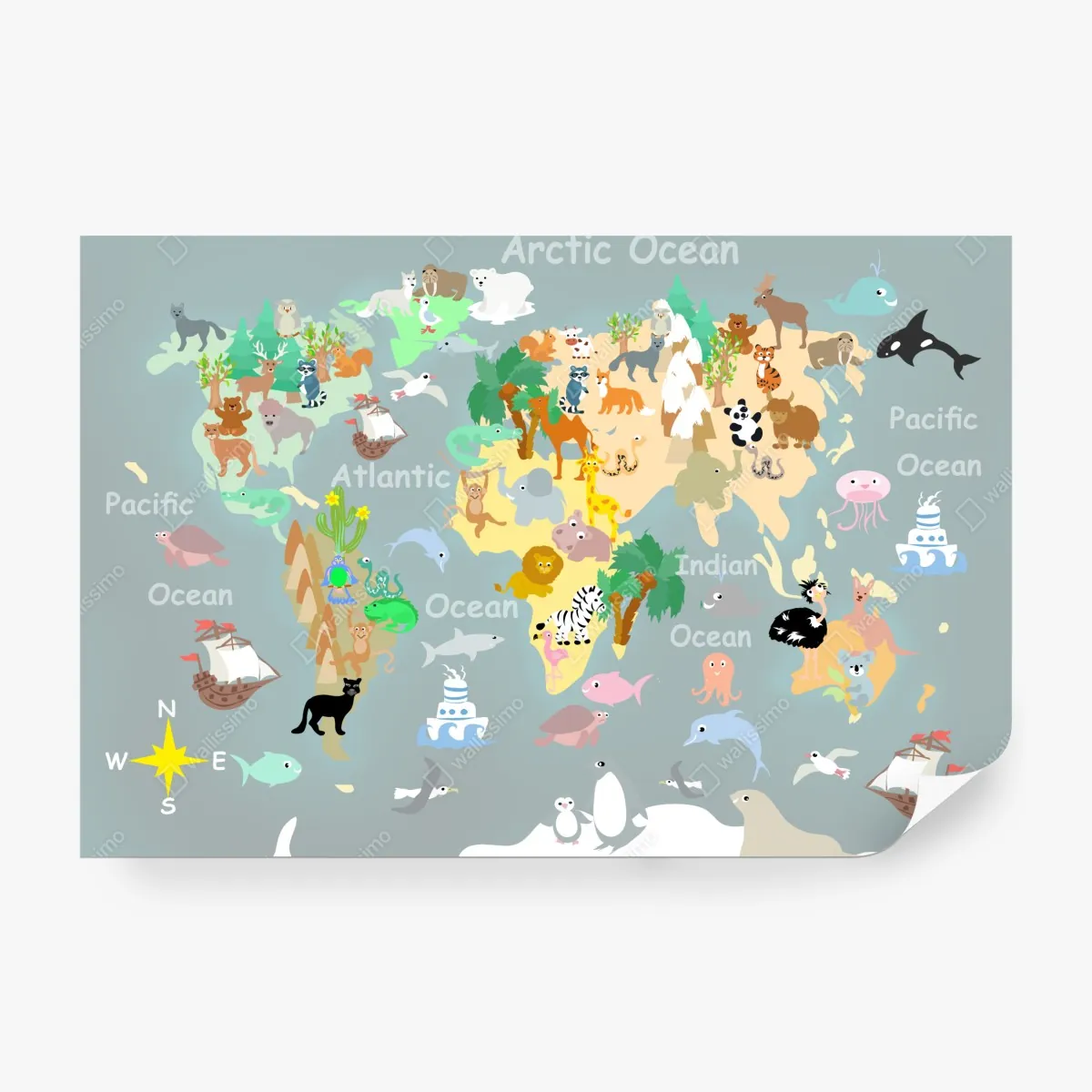 Fototapeta mapa świata ze zwierzętami – Wallissimo® Fototapeta mapa świata ze zwierzętami – Wallissimo®