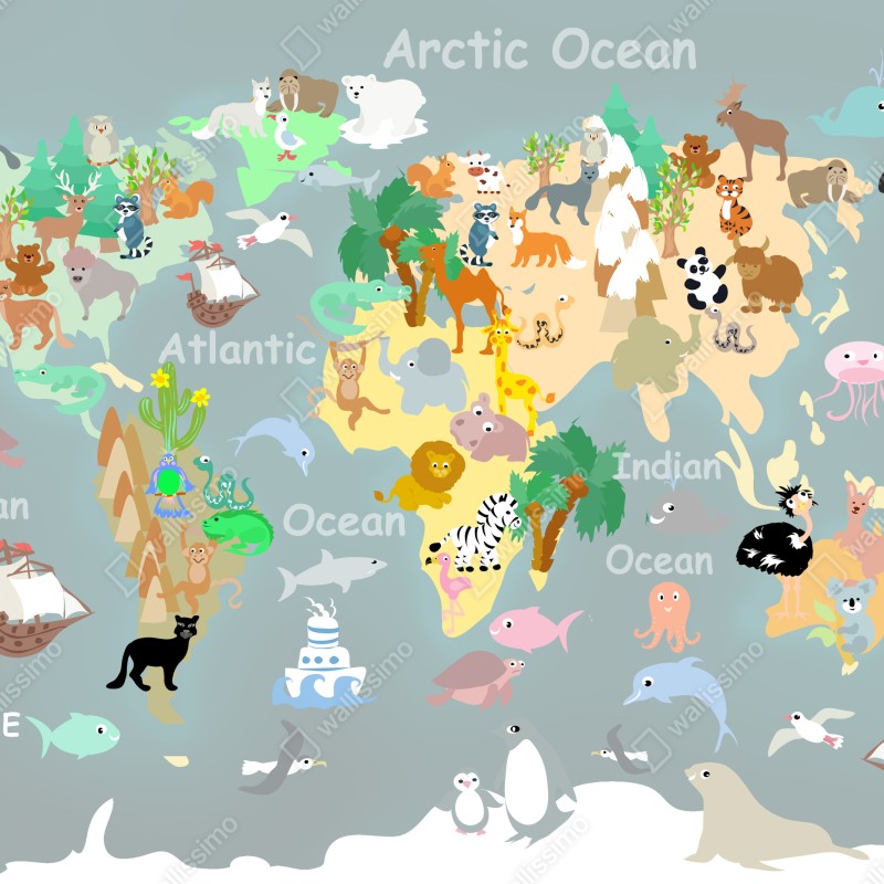 Fototapeta mapa świata ze zwierzętami – Wallissimo® Fototapeta mapa świata ze zwierzętami – Wallissimo®