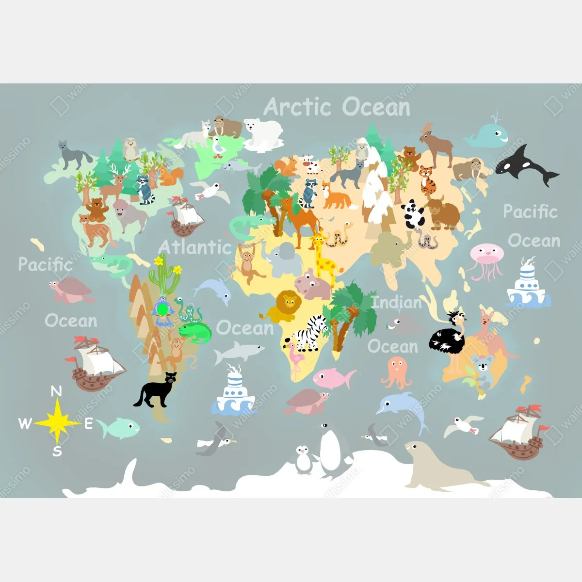 Fototapeta mapa świata ze zwierzętami – Wallissimo® Fototapeta mapa świata ze zwierzętami – Wallissimo®