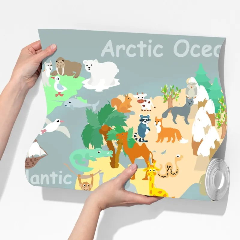 Fototapeta mapa świata ze zwierzętami – Wallissimo® Fototapeta mapa świata ze zwierzętami – Wallissimo®