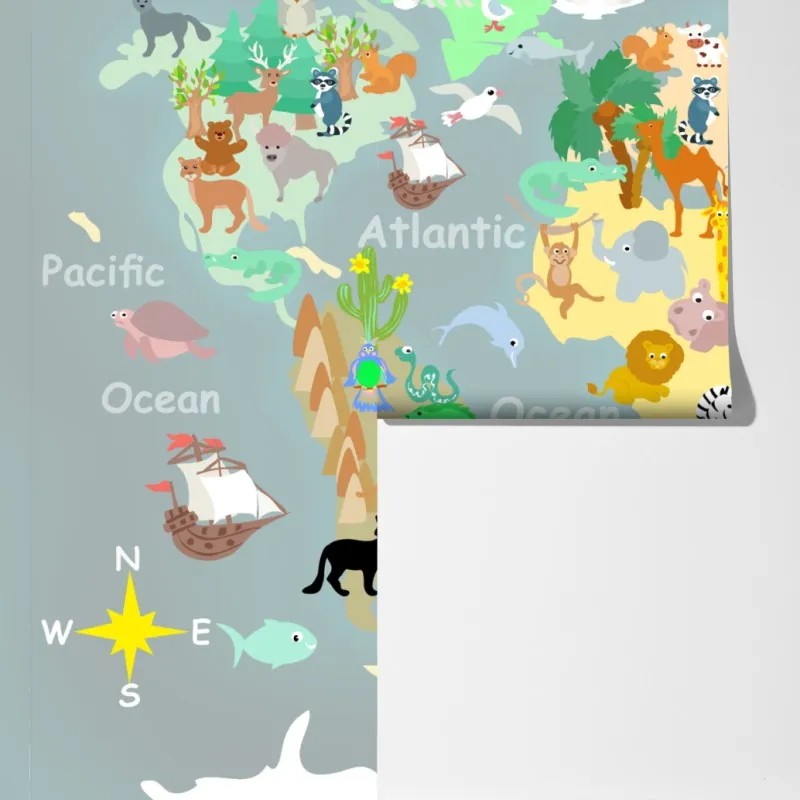 Fototapeta mapa świata ze zwierzętami – Wallissimo® Fototapeta mapa świata ze zwierzętami – Wallissimo®