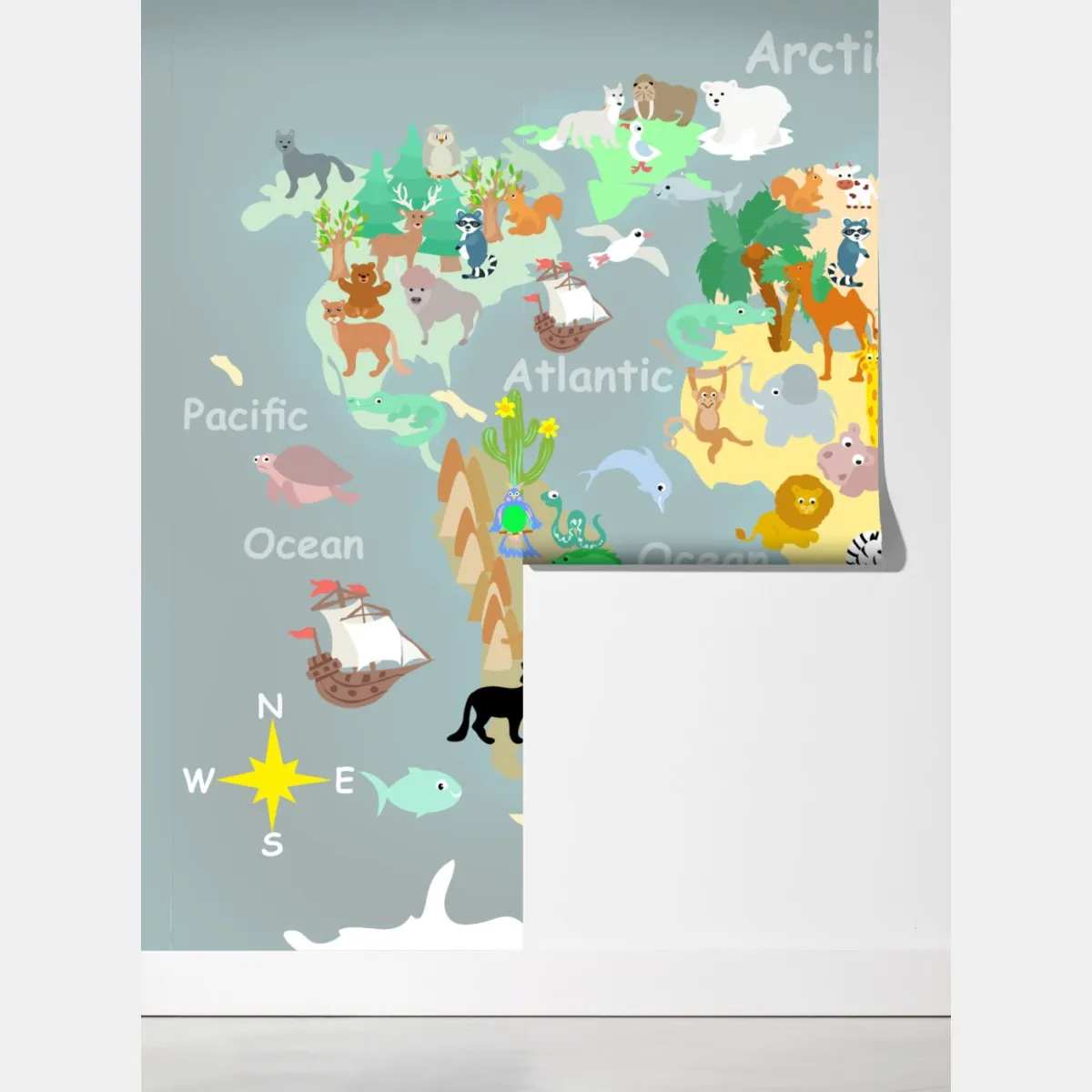 Fototapeta mapa świata ze zwierzętami – Wallissimo® Fototapeta mapa świata ze zwierzętami – Wallissimo®