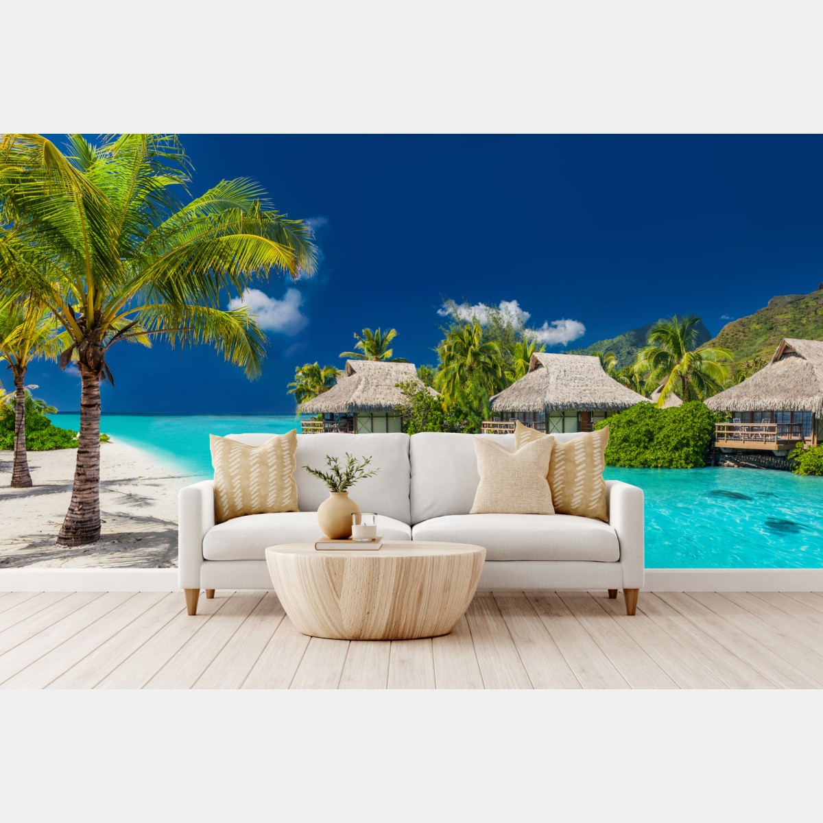 Wall mural tropical overwater bungalows on turquoise sea