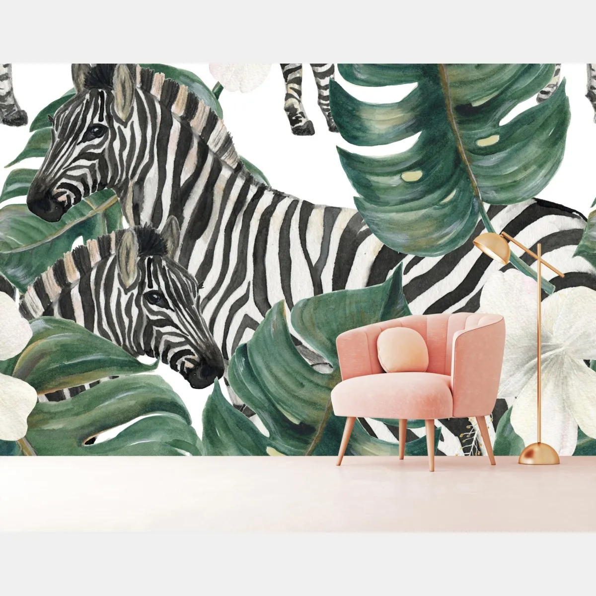 Fototapeta tropikalny wzór z zebrą i monsterą – Wallissimo® Fototapeta tropikalny wzór z zebrą i monsterą – Wallissimo®