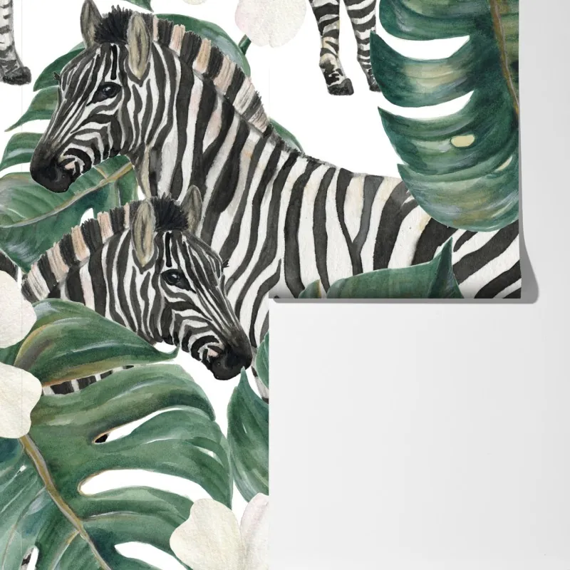 Fototapeta tropikalny wzór z zebrą i monsterą – Wallissimo® Fototapeta tropikalny wzór z zebrą i monsterą – Wallissimo®