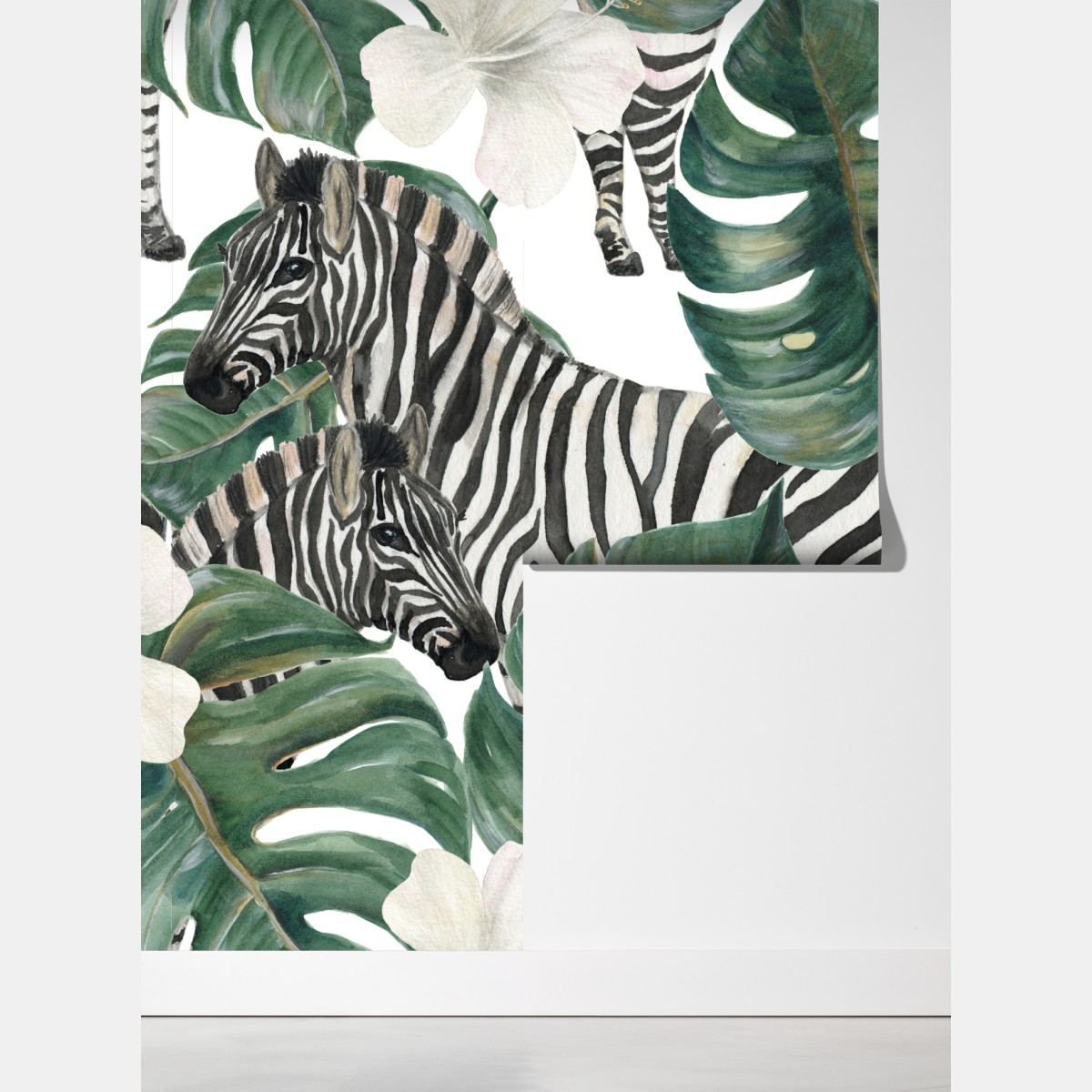 Fototapeta tropikalny wzór z zebrą i monsterą – Wallissimo® Fototapeta tropikalny wzór z zebrą i monsterą – Wallissimo®