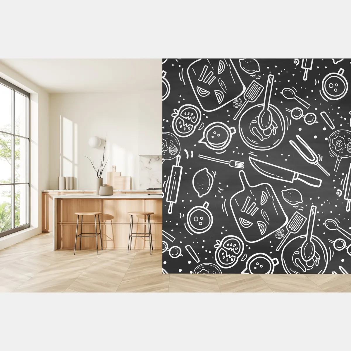 Fototapeta kuchenny wzór tablicowy z doodlami – Wallissimo® Fototapeta kuchenny wzór tablicowy z doodlami – Wallissimo®