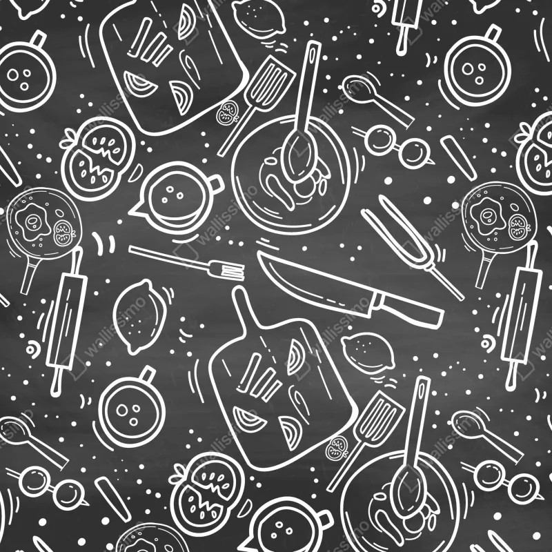 Fototapeta kuchenny wzór tablicowy z doodlami – Wallissimo® Fototapeta kuchenny wzór tablicowy z doodlami – Wallissimo®