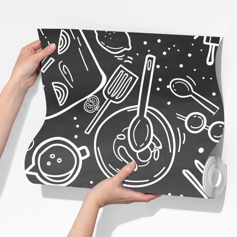 Fototapeta kuchenny wzór tablicowy z doodlami – Wallissimo® Fototapeta kuchenny wzór tablicowy z doodlami – Wallissimo®