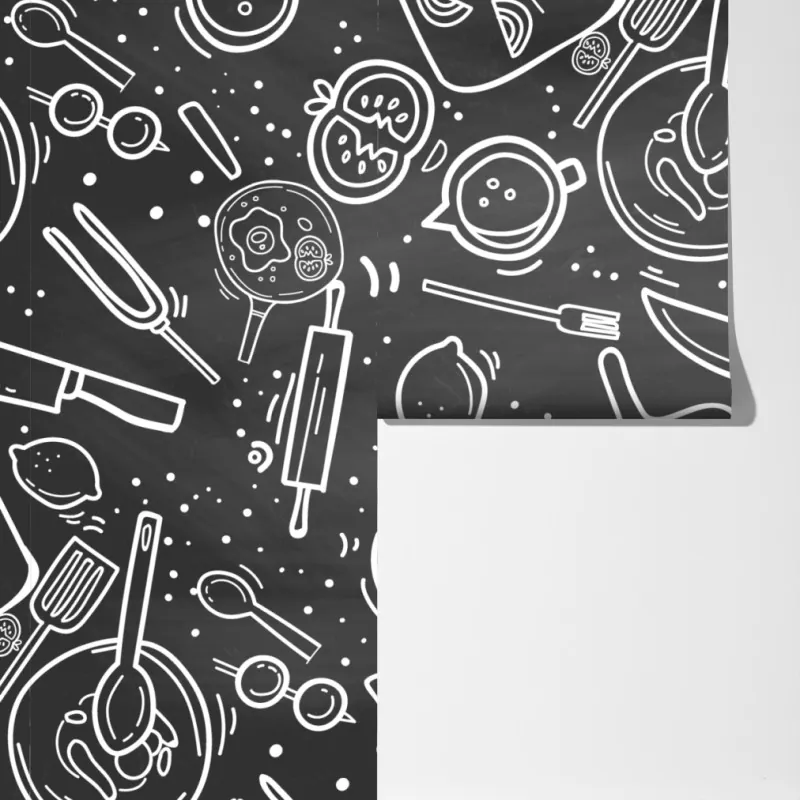 Fototapeta kuchenny wzór tablicowy z doodlami – Wallissimo® Fototapeta kuchenny wzór tablicowy z doodlami – Wallissimo®