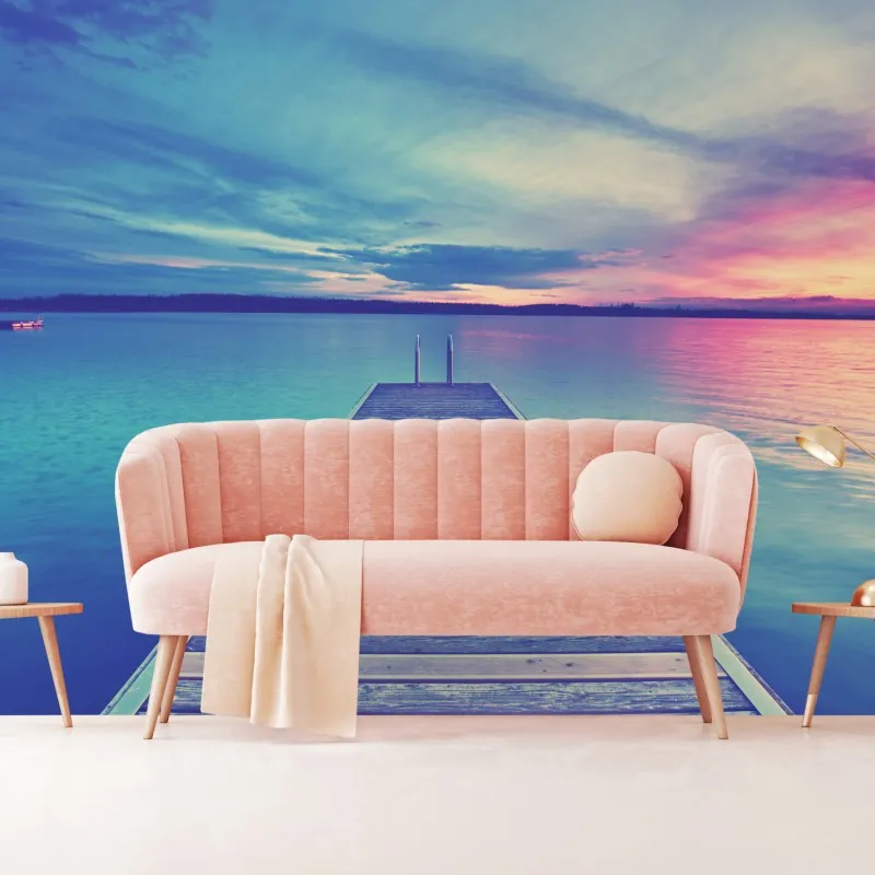 Fototapeta pastelowy pomost nad jeziorem o zachodzie słońca