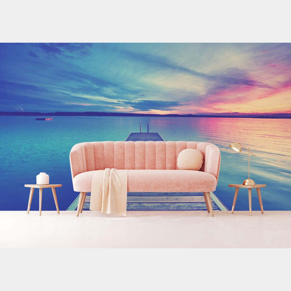Wall mural pastel lake pier at sunset