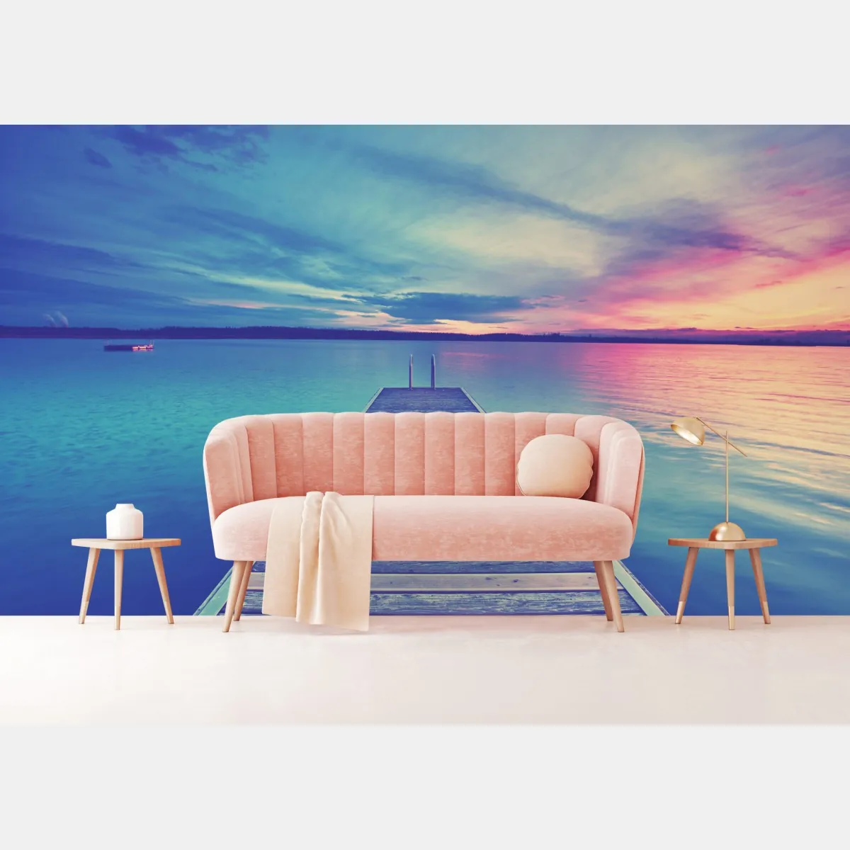 Fototapeta pastelowy pomost nad jeziorem o zachodzie słońca – Wallissimo® Fototapeta pastelowy pomost nad jeziorem o zachodzie słońca – Wallissimo®