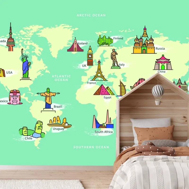 Fototapeta kolorowa ilustrowana mapa świata z zabytkami