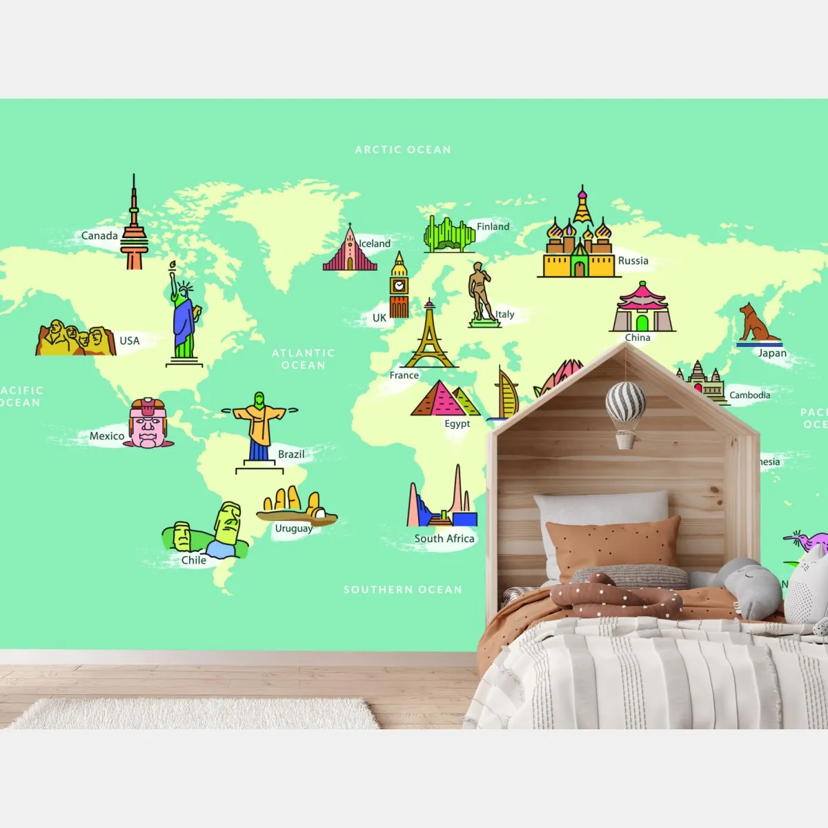 Fototapeta kolorowa ilustrowana mapa świata z zabytkami – Wallissimo® Fototapeta kolorowa ilustrowana mapa świata z zabytkami – Wallissimo®