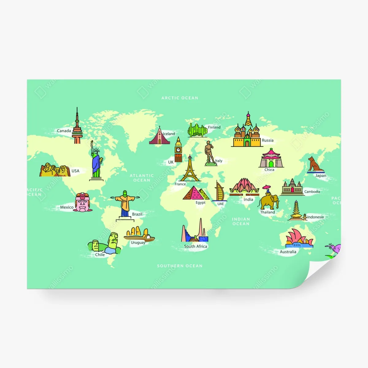 Fototapeta kolorowa ilustrowana mapa świata z zabytkami – Wallissimo® Fototapeta kolorowa ilustrowana mapa świata z zabytkami – Wallissimo®