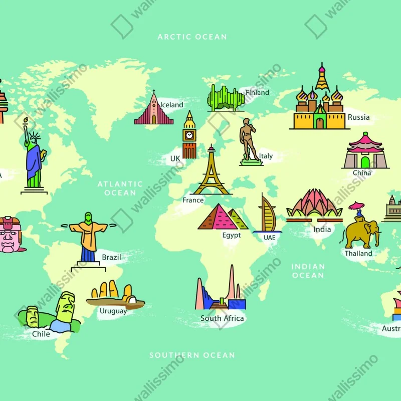 Fototapeta kolorowa ilustrowana mapa świata z zabytkami – Wallissimo® Fototapeta kolorowa ilustrowana mapa świata z zabytkami – Wallissimo®