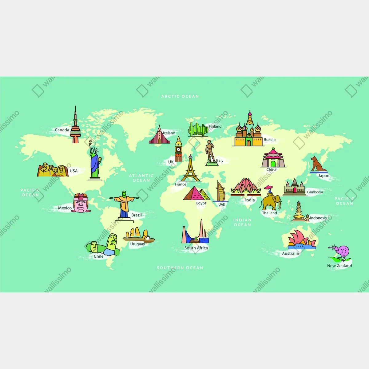 Fototapeta kolorowa ilustrowana mapa świata z zabytkami – Wallissimo® Fototapeta kolorowa ilustrowana mapa świata z zabytkami – Wallissimo®