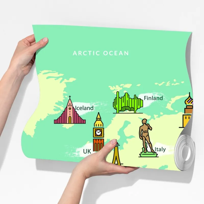 Fototapeta kolorowa ilustrowana mapa świata z zabytkami – Wallissimo® Fototapeta kolorowa ilustrowana mapa świata z zabytkami – Wallissimo®