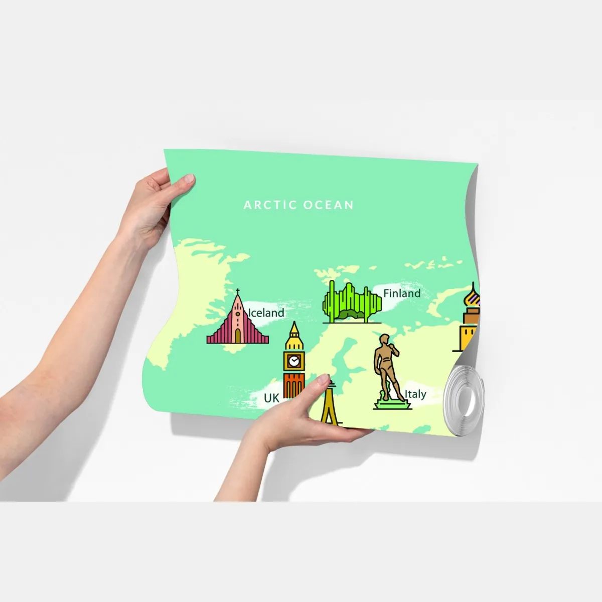 Fototapeta kolorowa ilustrowana mapa świata z zabytkami – Wallissimo® Fototapeta kolorowa ilustrowana mapa świata z zabytkami – Wallissimo®