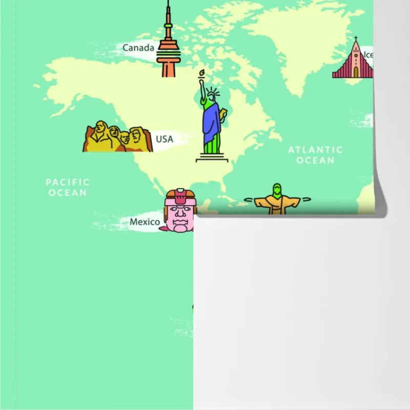 Fototapeta kolorowa ilustrowana mapa świata z zabytkami – Wallissimo® Fototapeta kolorowa ilustrowana mapa świata z zabytkami – Wallissimo®