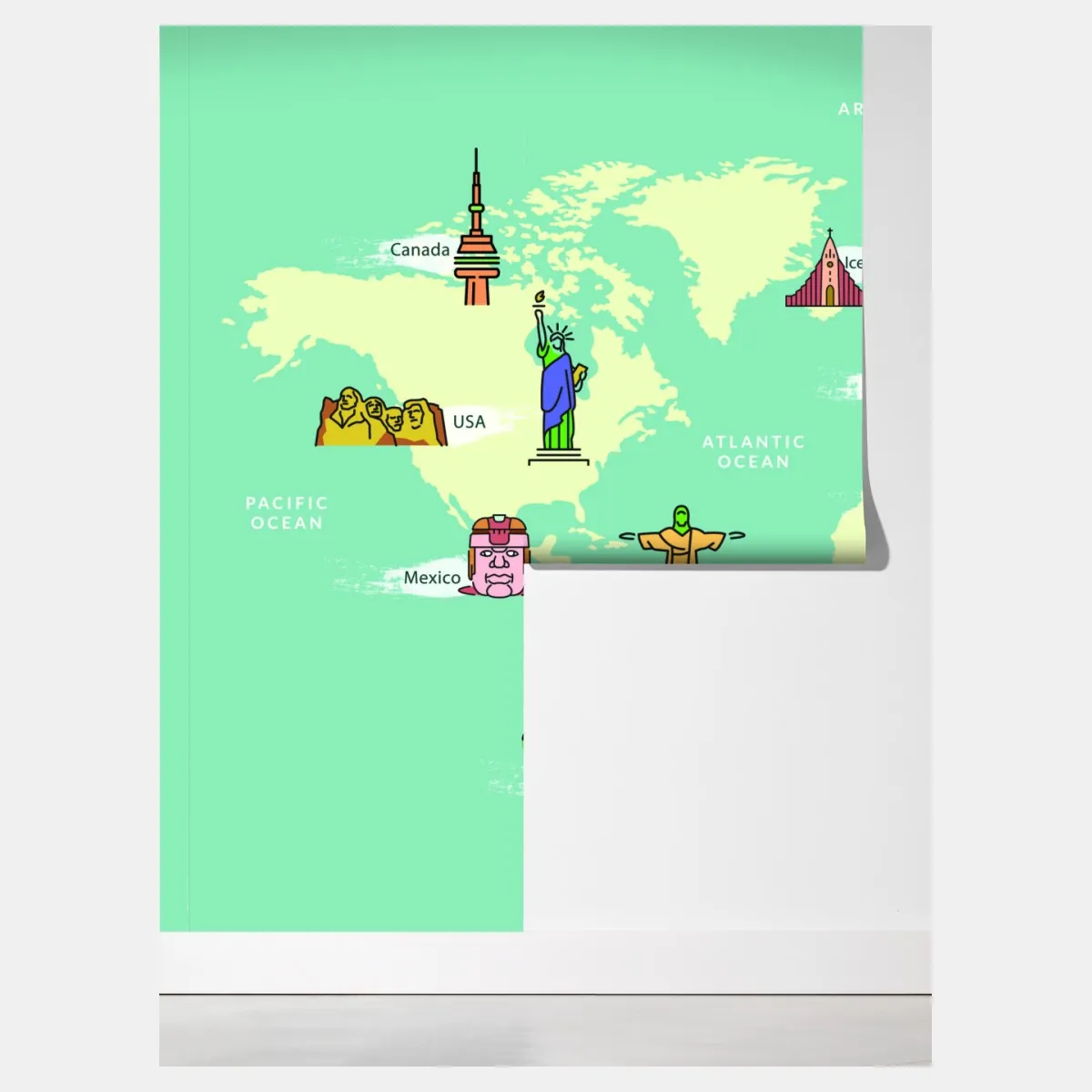 Fototapeta kolorowa ilustrowana mapa świata z zabytkami – Wallissimo® Fototapeta kolorowa ilustrowana mapa świata z zabytkami – Wallissimo®