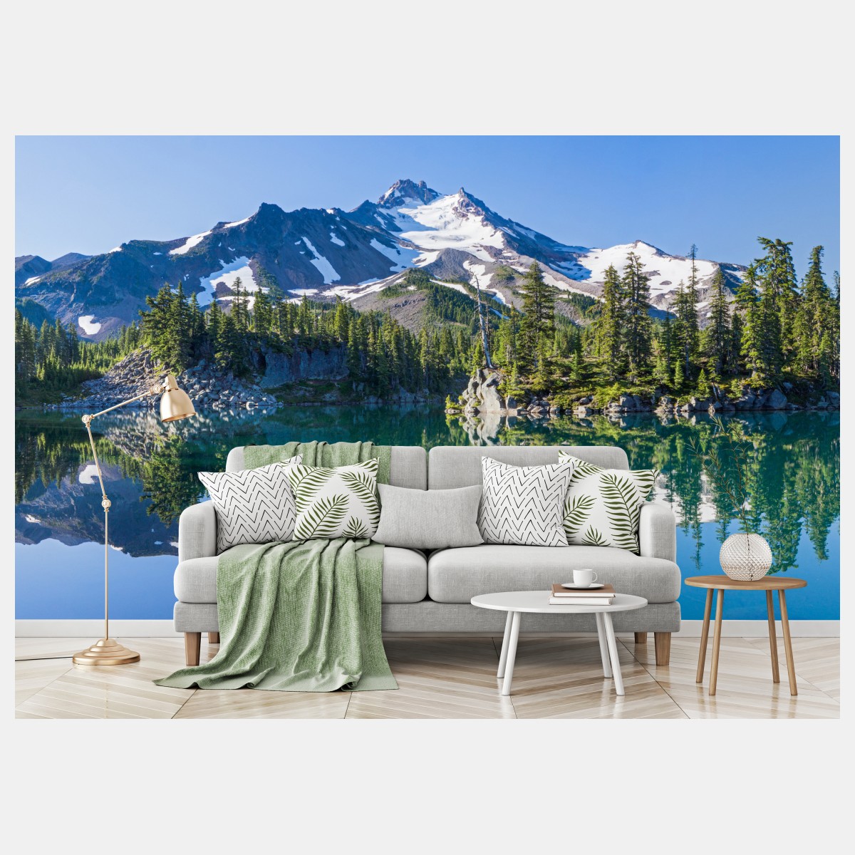 Wall mural serene alpine lake with mirrored mountains