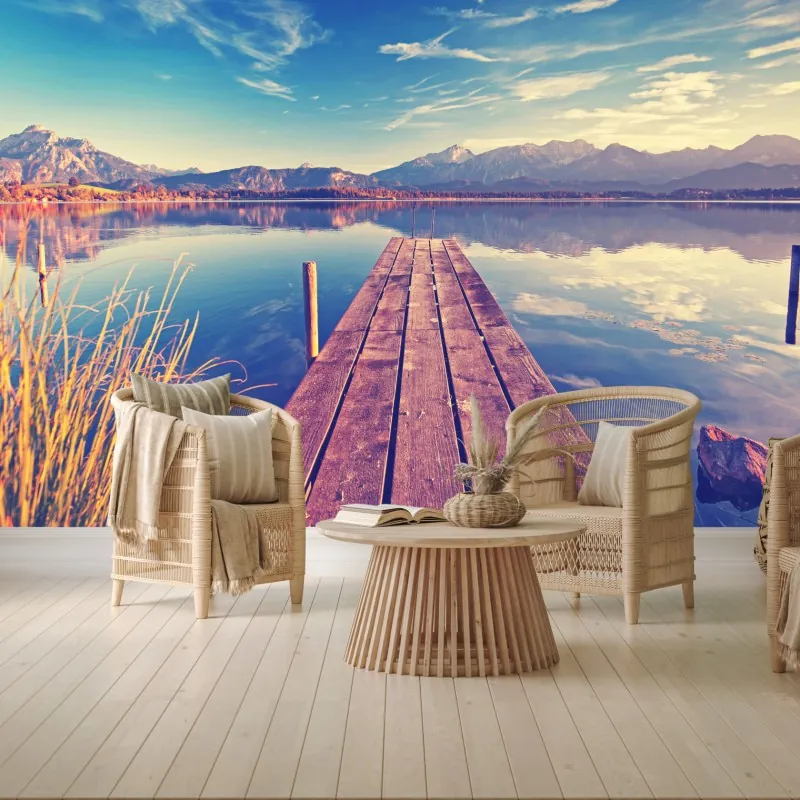 Fototapeta drewniany pomost nad górskim jeziorem