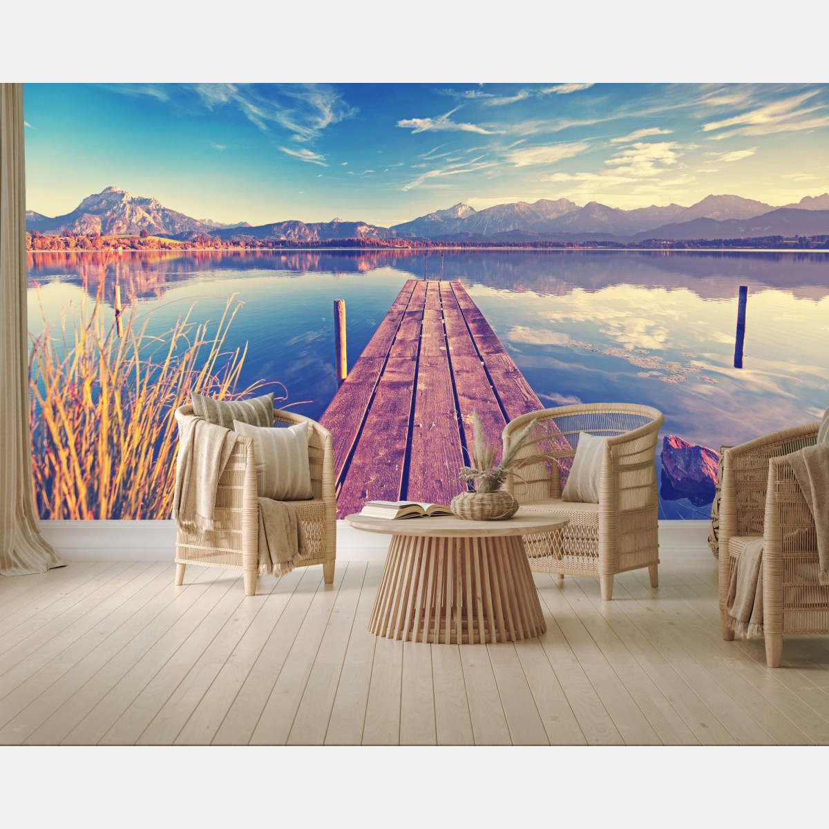 Wall mural mountain lake wooden pier at sunrise