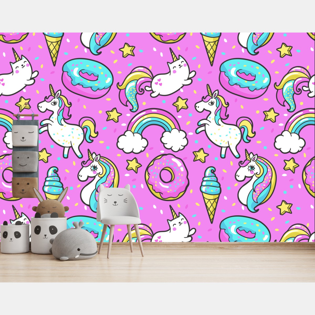 Wall mural pastel unicorns and sweets pattern