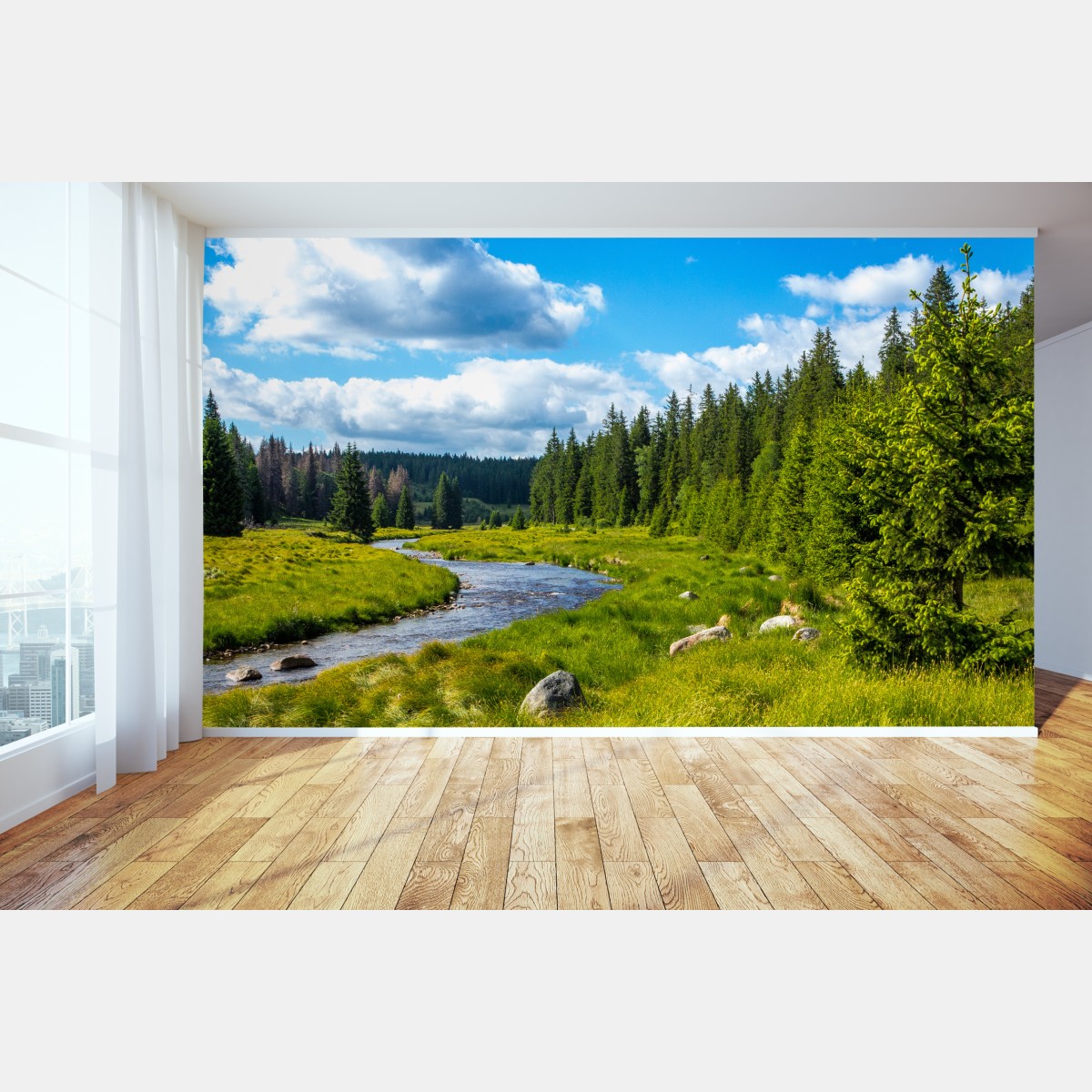 Wall mural serene riverside meadow