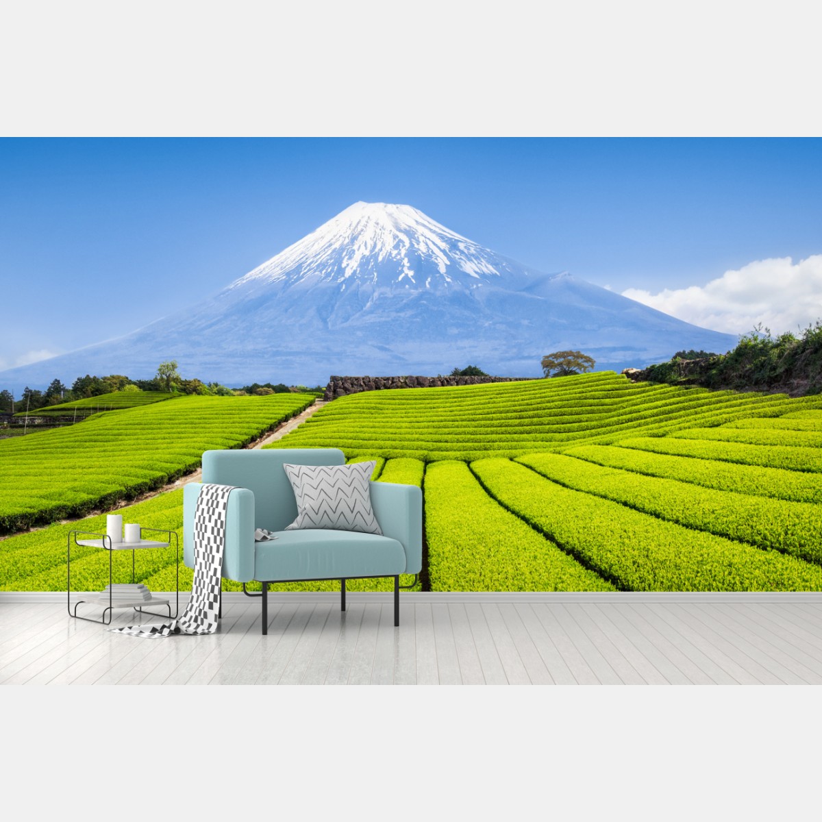 Wall mural lush tea fields beneath Mount Fuji