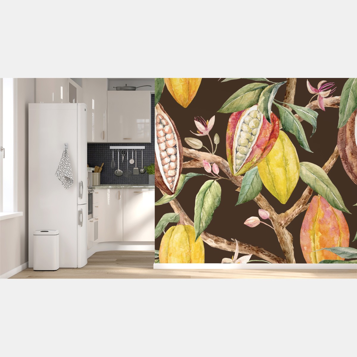 Wall mural watercolor cocoa pods botanical pattern