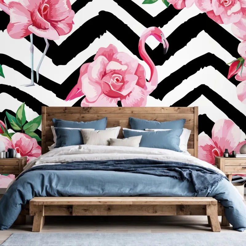 Fototapeta tropikalny wzór z różowym flamingiem i różami