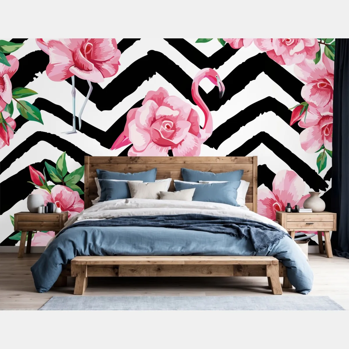 Fototapeta tropikalny wzór z różowym flamingiem i różami – Wallissimo® Fototapeta tropikalny wzór z różowym flamingiem i różami – Wallissimo®