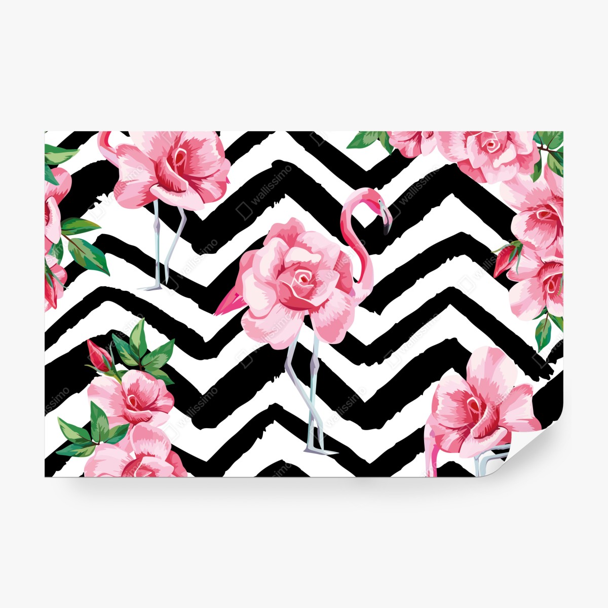 Fototapeta tropikalny wzór z różowym flamingiem i różami – Wallissimo® Fototapeta tropikalny wzór z różowym flamingiem i różami – Wallissimo®