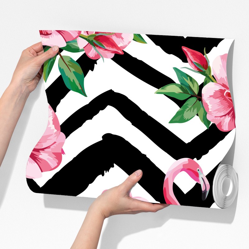 Fototapeta tropikalny wzór z różowym flamingiem i różami – Wallissimo® Fototapeta tropikalny wzór z różowym flamingiem i różami – Wallissimo®