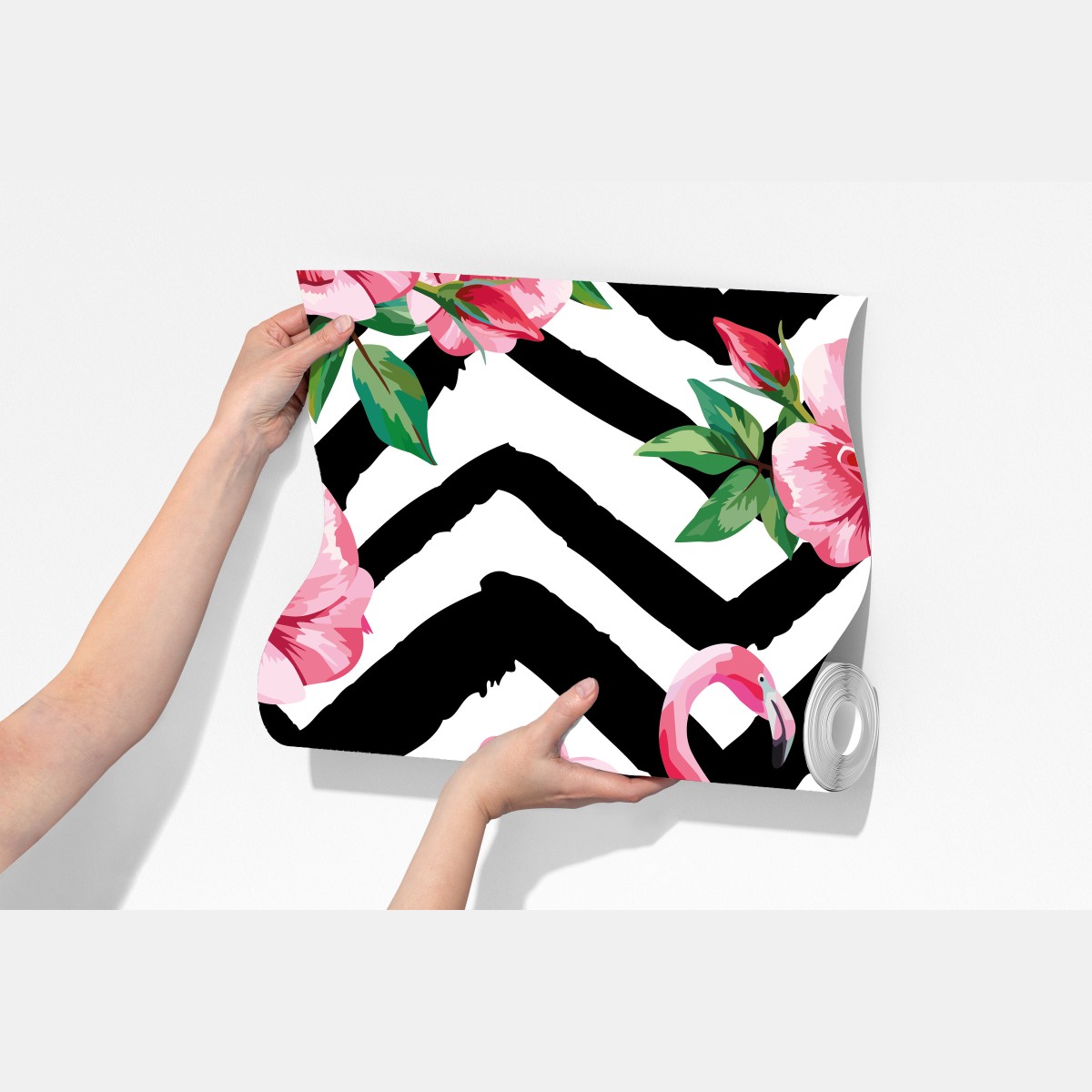 Fototapeta tropikalny wzór z różowym flamingiem i różami – Wallissimo® Fototapeta tropikalny wzór z różowym flamingiem i różami – Wallissimo®