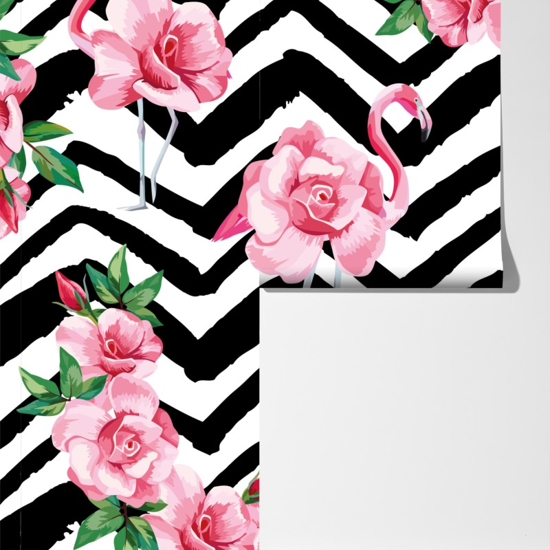 Fototapeta tropikalny wzór z różowym flamingiem i różami – Wallissimo® Fototapeta tropikalny wzór z różowym flamingiem i różami – Wallissimo®