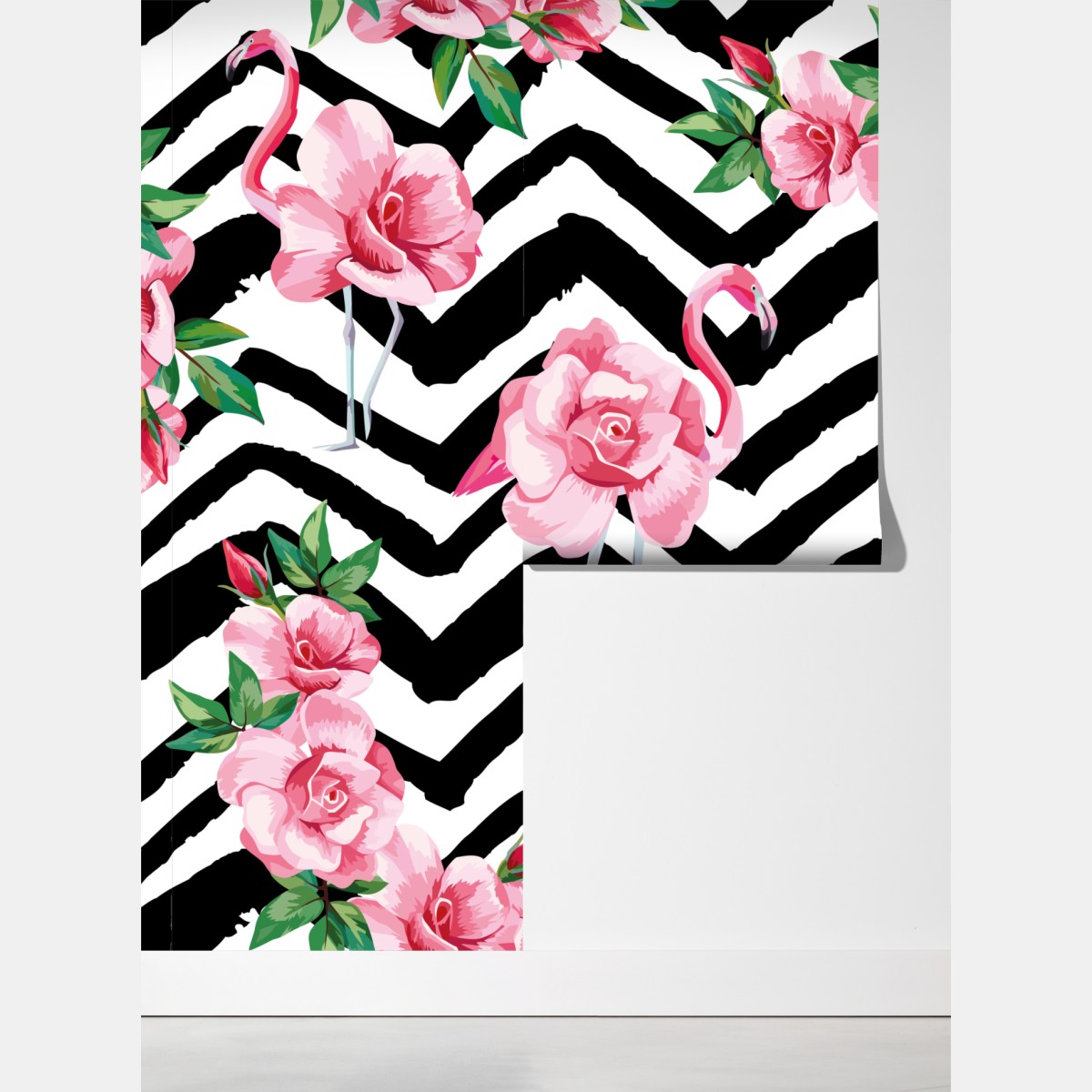 Fototapeta tropikalny wzór z różowym flamingiem i różami – Wallissimo® Fototapeta tropikalny wzór z różowym flamingiem i różami – Wallissimo®