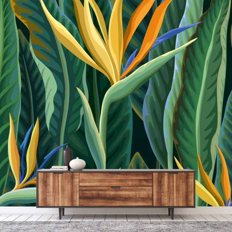 Fototapeta tropikalna ilustracja strelicji i bujnych liści – Wallissimo® Fototapeta tropikalna ilustracja strelicji i bujnych liści – Wallissimo®