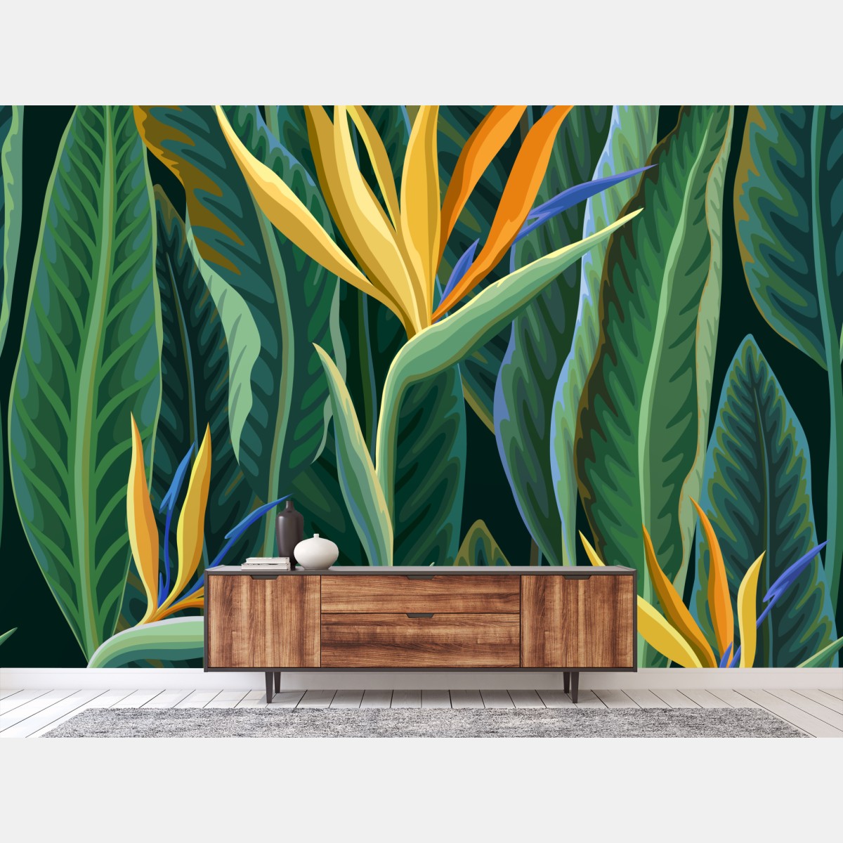Wall mural tropical bird of paradise botanical pattern