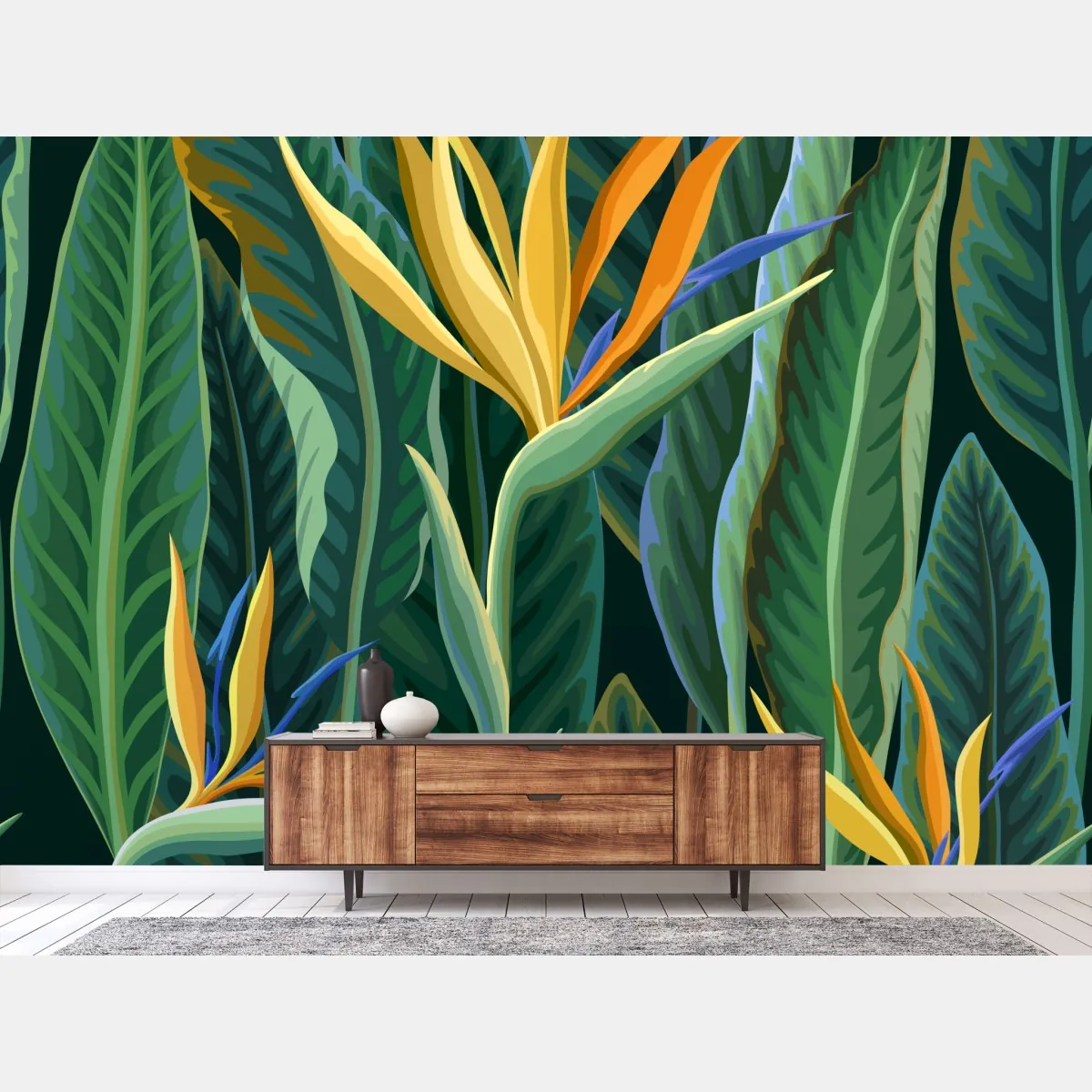 Fototapeta tropikalna ilustracja strelicji i bujnych liści – Wallissimo® Fototapeta tropikalna ilustracja strelicji i bujnych liści – Wallissimo®