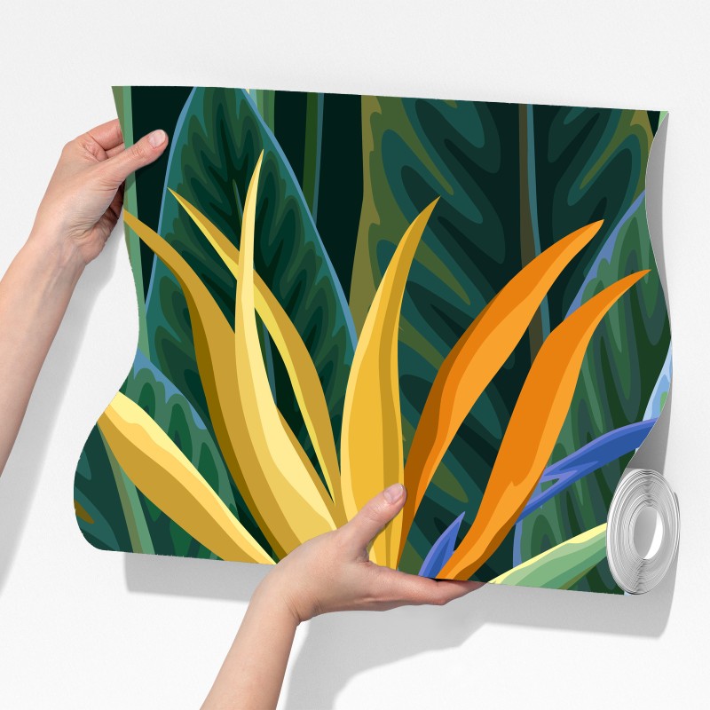 Fototapeta tropikalna ilustracja strelicji i bujnych liści – Wallissimo® Fototapeta tropikalna ilustracja strelicji i bujnych liści – Wallissimo®