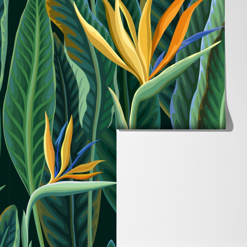 Fototapeta tropikalna ilustracja strelicji i bujnych liści – Wallissimo® Fototapeta tropikalna ilustracja strelicji i bujnych liści – Wallissimo®