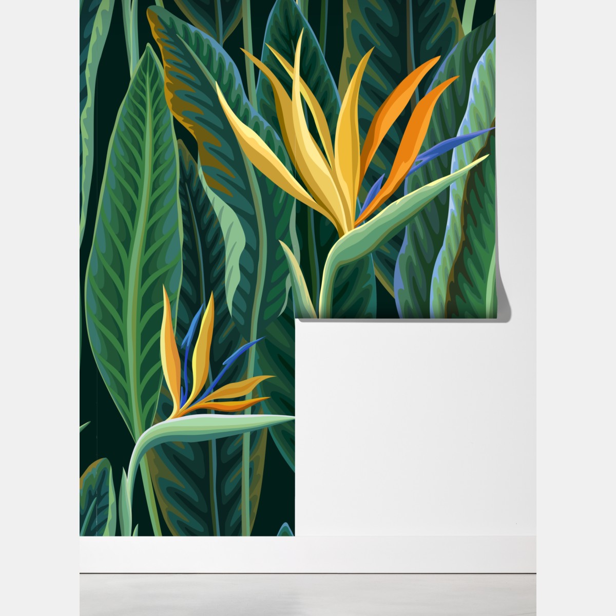 Fototapeta tropikalna ilustracja strelicji i bujnych liści – Wallissimo® Fototapeta tropikalna ilustracja strelicji i bujnych liści – Wallissimo®