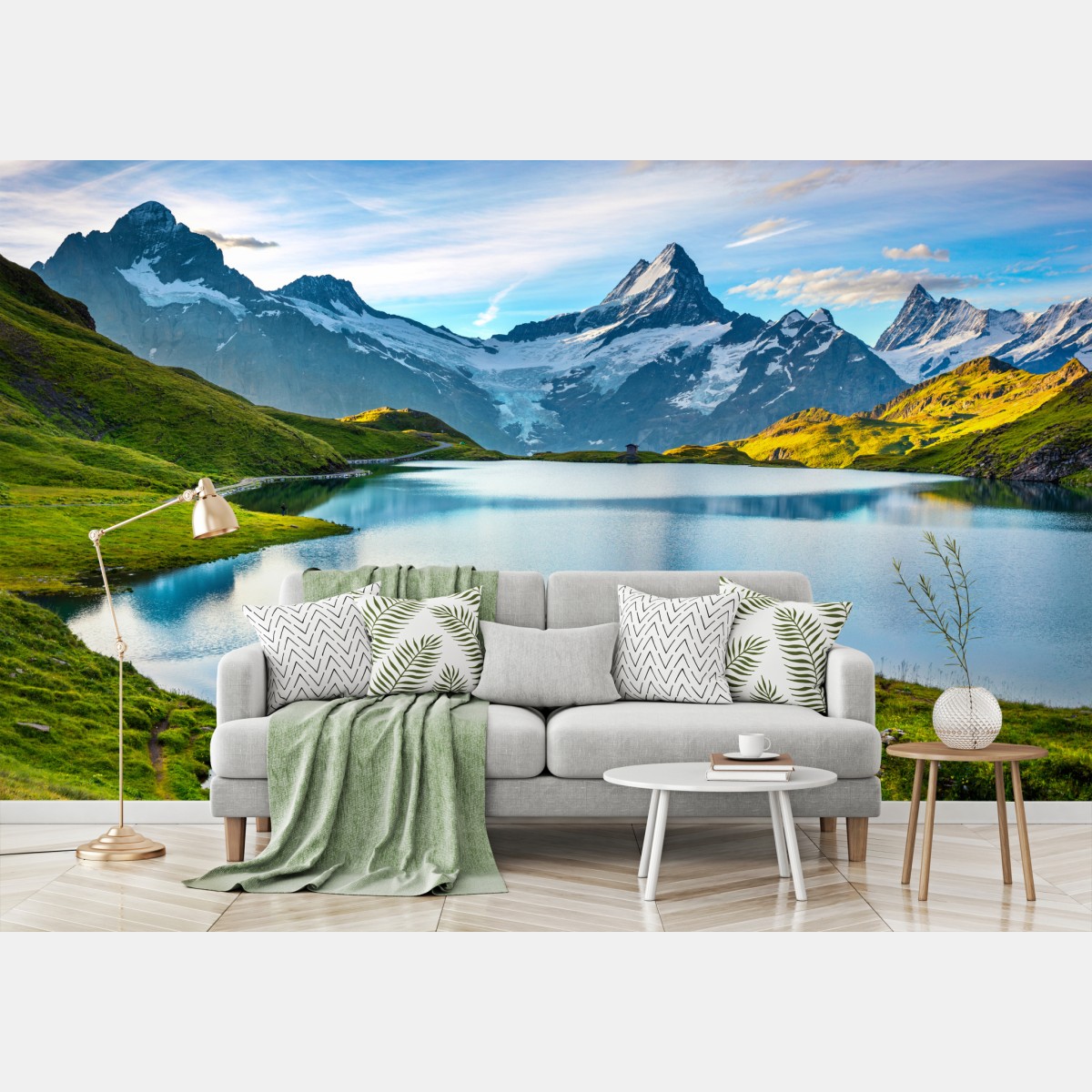 Wall mural serene alpine lake beneath Wetterhorn peaks, Switzerland