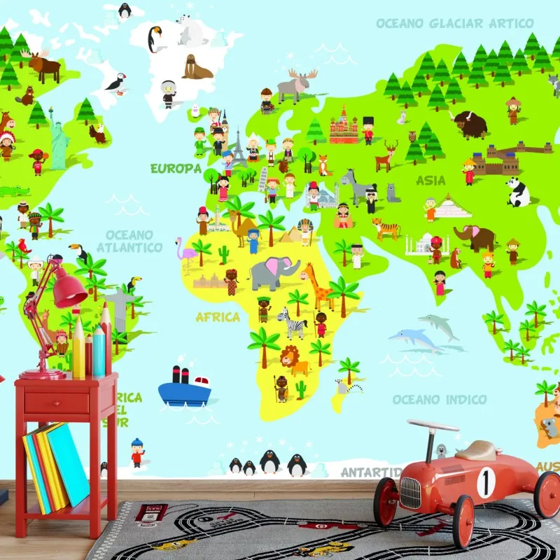 Fototapeta kolorowa ilustrowana mapa świata dla dzieci