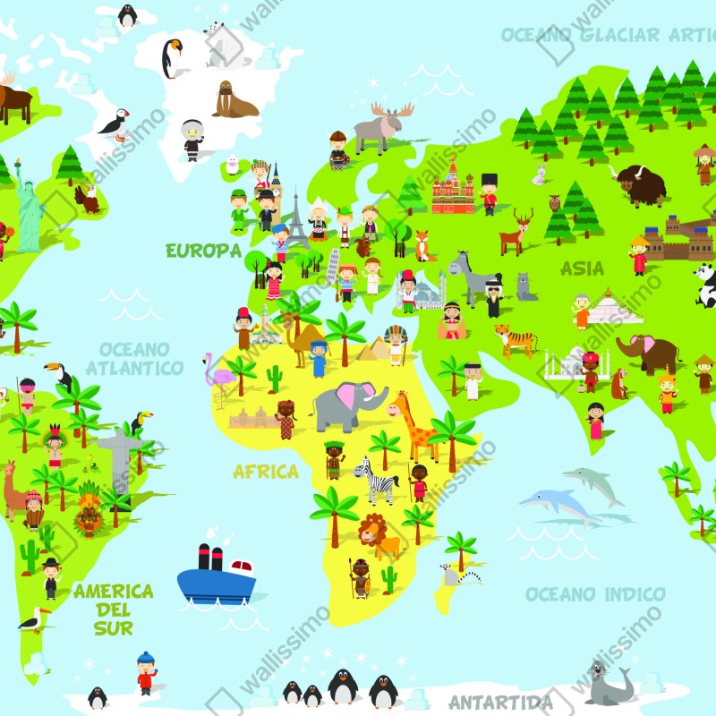 Fototapeta kolorowa ilustrowana mapa świata dla dzieci – Wallissimo® Fototapeta kolorowa ilustrowana mapa świata dla dzieci – Wallissimo®
